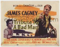 4f330 TRIBUTE TO A BAD MAN title card '56 great art of cowboy James Cagney pointing, Irene Papas
