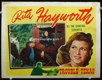4f955 TROUBLE IN TEXAS LC R40s Tex Ritter stands by stagecoach with pretty Rita Hayworth inside!