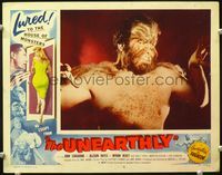 4f961 UNEARTHLY lobby card #8 '57 great close up of barechested werewolf monster, cool border art!