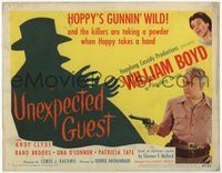 4f339 UNEXPECTED GUEST TC '47 William Boyd as Hopalong Cassidy points gun at shadow man in top hat!