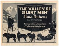 4f341 VALLEY OF SILENT MEN title card '22 art of Mountie Lew Cody on horse & Alma Rubens on dogsled!