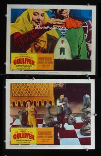 4g007 3 WORLDS OF GULLIVER 2 movie lobby cards '60 Ray Harryhausen animation, little man in glass!