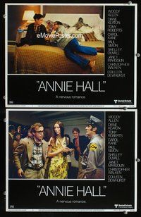 4g035 ANNIE HALL 2 movie lobby cards '77 Woody Allen on bed & w/super-skinny Shelley Duvall!