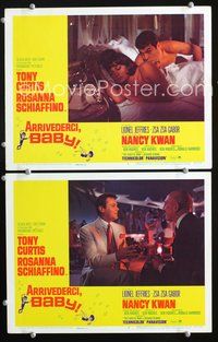 4g037 ARRIVEDERCI, BABY 2 movie lobby cards '66 Tony Curtis in bed w/pretty Rosanna Schiaffino!