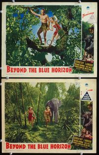 4g070 BEYOND THE BLUE HORIZON 2 lobby cards '42 sexy Dorothy Lamour & Richard Denning in loincloth!