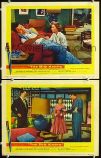 4g073 BIG KNIFE 2 movie lobby cards '55 Jack Palance w/Ida Lupino laying on couch & holding phone!