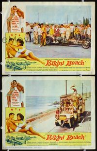 4g075 BIKINI BEACH 2 LCs '64 border image of Frankie Avalon & Annette Funicello, bus full of teens!