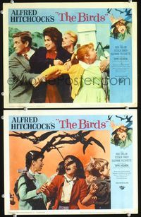 4g076 BIRDS 2 movie lobby cards '63 Alfred Hitchcock classic, Tippi Hedren & kids attacked!