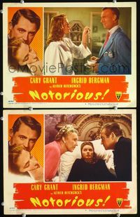 4g557 NOTORIOUS 2 movie lobby cards '46 pretty Ingrid Bergman w/jewels & in bed!