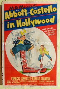 4h037 ABBOTT & COSTELLO IN HOLLYWOOD 1sh '45 Hirschfeld art of Bud hitting Lou into bell on game!