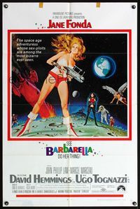 4h088 BARBARELLA 1sh '68 sexiest sci-fi art of Jane Fonda by Robert McGinnis, Roger Vadim!