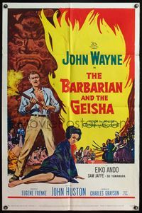 4h089 BARBARIAN & THE GEISHA 1sh '58 John Huston, art of John Wayne with torch & Eiko Ando!