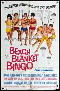 4h108 BEACH BLANKET BINGO 1sh '65 Frankie Avalon & Annette Funicello go sky diving, wacky images!