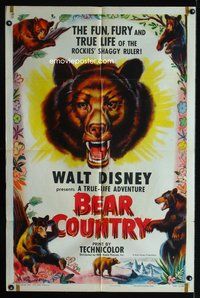 4h109 BEAR COUNTRY 1sh '53 Disney True-Life Adventure, cool bear artwork!