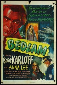 4h008 BEDLAM style A 1sh '46 cool horror artwork of madman Boris Karloff, produced by Val Lewton!
