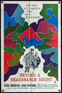 4h122 BEYOND A REASONABLE DOUBT 1sh '56 Fritz Lang noir, art of Dana Andrews & Joan Fontaine!