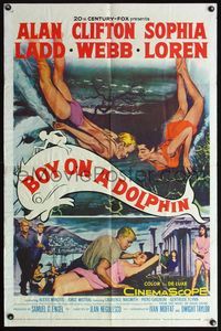 4h158 BOY ON A DOLPHIN 1sh '57 art of Alan Ladd, Webb & sexiest full-length Sophia Loren!