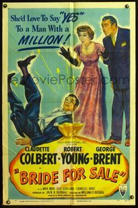 4h163 BRIDE FOR SALE style A 1sh '49 Claudette Colbert caught between Robert Young & George Brent!