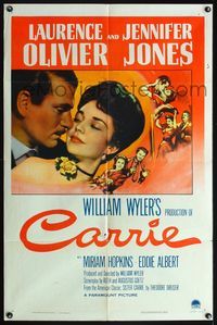 4h193 CARRIE style A 1sh '52 romantic art of Laurence Olivier & Jennifer Jones, William Wyler