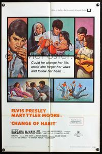 4h199 CHANGE OF HABIT 1sh '69 art of Dr. Elvis Presley in various scenes, Mary Tyler Moore!
