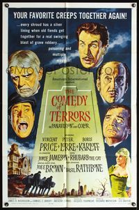 4h013 COMEDY OF TERRORS 1sh '64 Boris Karloff, Peter Lorre, Vincent Price, Joe E. Brown, Tourneur