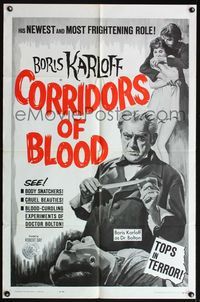 4h230 CORRIDORS OF BLOOD 1sh '63 Boris Karloff, Christopher Lee, blood-curdling experiments
