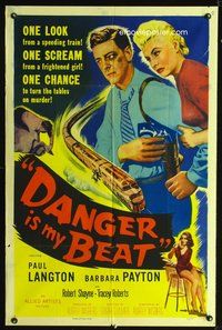 4h692 MURDER IS MY BEAT 1sh '55 Edgar Ulmer film noir, Barbara Payton, cool speeding train artwork!