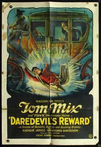 4h250 DAREDEVIL'S REWARD 1sh '28 great stone litho of Tom Mix hanging under moving stagecoach!