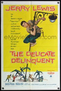 4h260 DELICATE DELINQUENT 1sh '57 wacky teen-age Jerry Lewis hanging from light post!