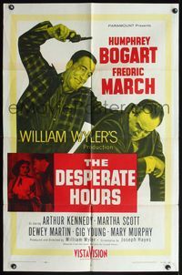 4h262 DESPERATE HOURS 1sh '55 Humphrey Bogart attacks Fredric March from behind, William Wyler