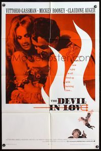 4h266 DEVIL IN LOVE 1sh '68 close up of Vittorio Gassman & sexy Claudine Auger, Mickey Rooney