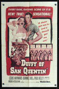 4h310 DUFFY OF SAN QUENTIN 1sh '54 Louis Hayward holds sexy nurse hostage, prison escape artwork!