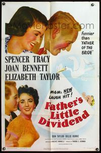 4h349 FATHER'S LITTLE DIVIDEND 1sh '51 art of Elizabeth Taylor, Spencer Tracy & Joan Bennett!