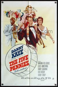 4h375 FIVE PENNIES 1sh '59 great artwork of Danny Kaye, Louis Armstrong & Barbara Bel Geddes!