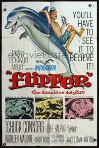 4h381 FLIPPER 1sh '63 Chuck Connors, Luke Halpin, cool art of boy & dolphin!