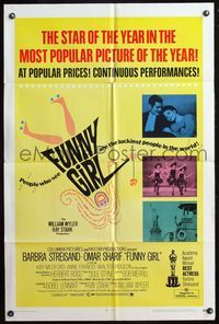 4h412 FUNNY GIRL 1sh '69 Barbra Streisand, Omar Sharif, directed by William Wyler!