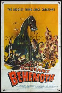 4h426 GIANT BEHEMOTH 1sh '59 cool art of massive brontosaurus dinosaur monster smashing city!