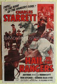 4h453 HAIL TO THE RANGERS 1sh '43 cool art of cowboy Charles Starrett on horseback in crowd!