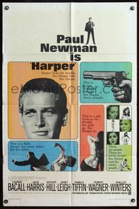 4h461 HARPER 1sh '66 Paul Newman has many fights, sexy Pamela Tiffin!