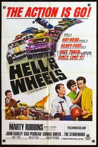 4h472 HELL ON WHEELS 1sh '67 cool vintage NASCAR stock car art, Marty Robbins sings & races!