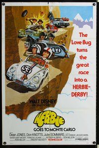 4h479 HERBIE GOES TO MONTE CARLO 1sh '77 Disney, wacky art of Volkswagen Beetle car racing!