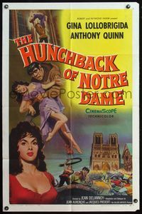 4h523 HUNCHBACK OF NOTRE DAME 1sh '57 Anthony Quinn as Quasimodo, sexy Gina Lollobrigida!