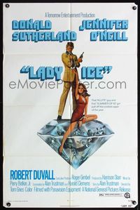 4h577 LADY ICE 1sh '73 artwork of sexy Jennifer O'Neill & Donald Sutherland on diamond!