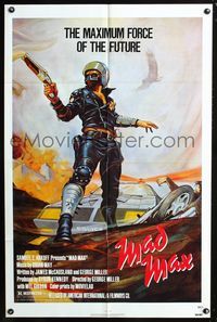 4h609 MAD MAX 1sh R83 cool art of wasteland cop Mel Gibson, George Miller Australian sci-fi classic