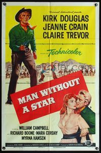 4h626 MAN WITHOUT A STAR style A 1sh '55 art of cowboy Kirk Douglas pointing gun, Jeanne Crain