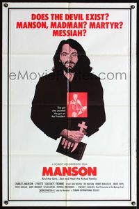 4h630 MANSON 1sh R75 art of serial killer Charles holding bible & crucifix + Squeaky Fromme!