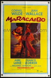 4h633 MARACAIBO 1sh '58 romantic artwork of Cornel Wilde & Jean Wallace in front of explosion!