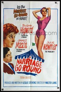 4h649 MARRIAGE-GO-ROUND 1sh '60 Julie Newmar wants to borrow Susan Hayward's husband James Mason!