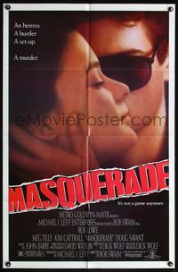 4h660 MASQUERADE 1sh '88 super close up of Rob Lowe wearing sunglasses with Meg Tilly!