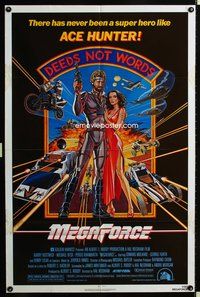 4h669 MEGAFORCE 1sh '82 cool art of super hero Barry Bostwick as Ace Hunter with sexy babe!